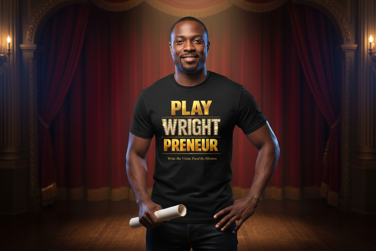 African American man on theatre stage wearing Playwright t-shirt with script
