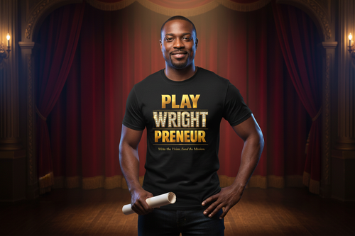 African American man on theatre stage wearing Playwright t-shirt with script
