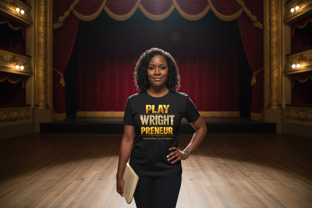 African American woman on theatre stage wearing Playwright t-shirt with script
