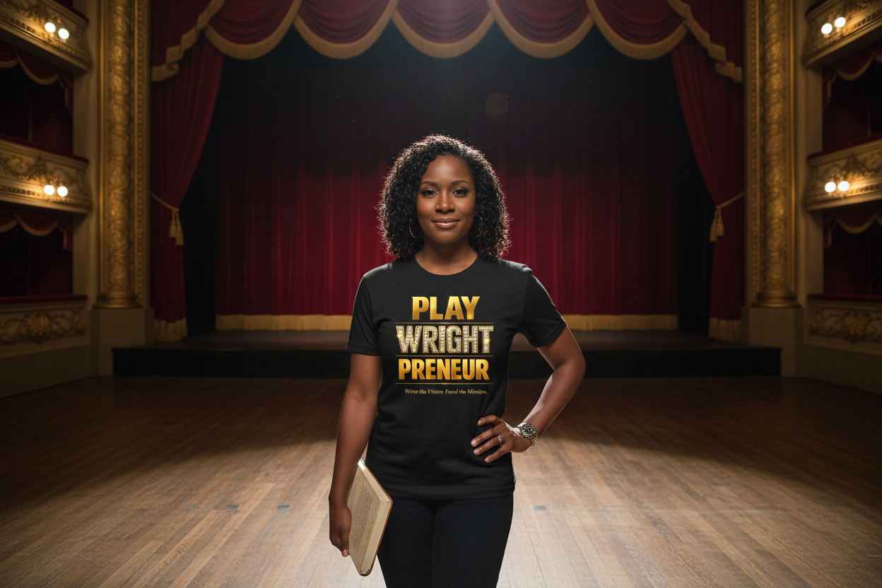African American woman on theatre stage wearing Playwright t-shirt with script
