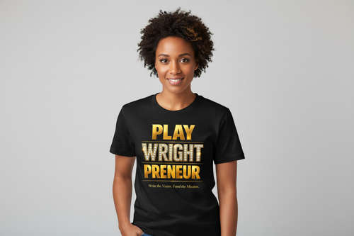 African American woman wearing Playwright t-shirt