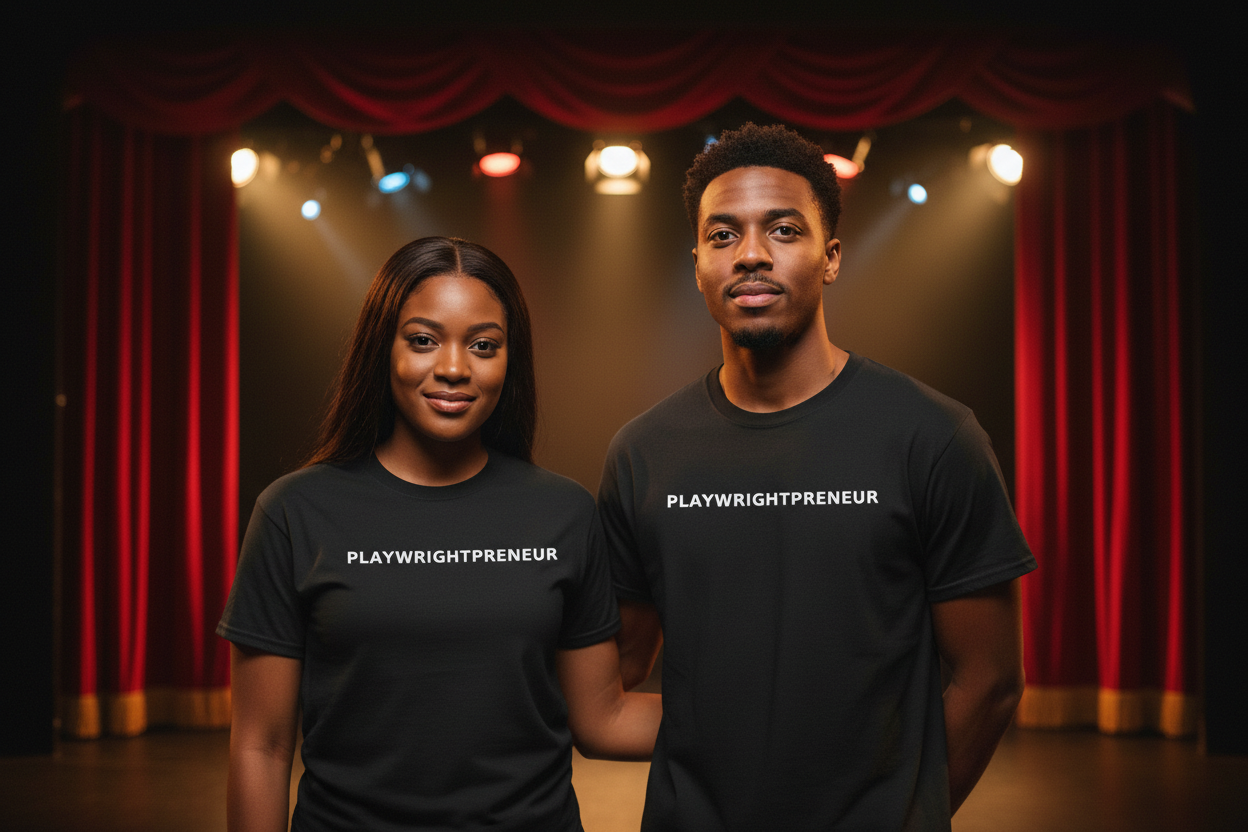 Close-up of models wearing PLAYWRIGHTPRENEUR t-shirts on theatre stage