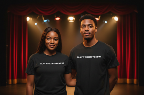 Close-up of models wearing PLAYWRIGHTPRENEUR t-shirts on theatre stage